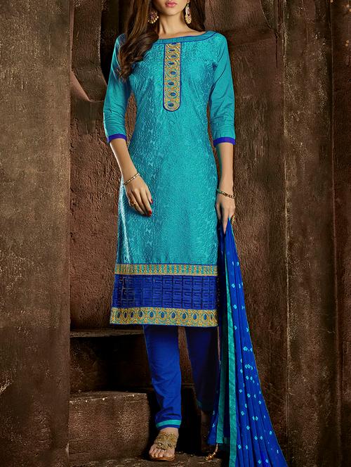 turquoise cotton blend embroidered dress material - 14213232 - Very Small Image - 1