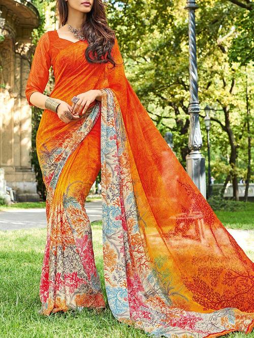 orange georgette printed saree with blouse - 14213368 - Very Small Image - 1