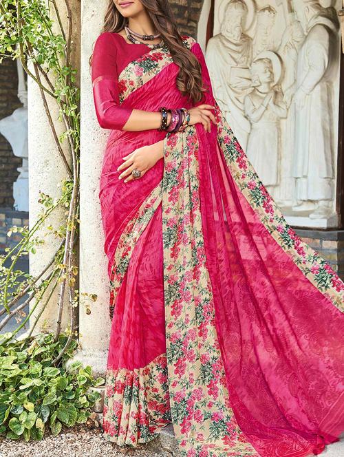 pink georgette printed saree with blouse - 14213376 - Very Small Image - 1