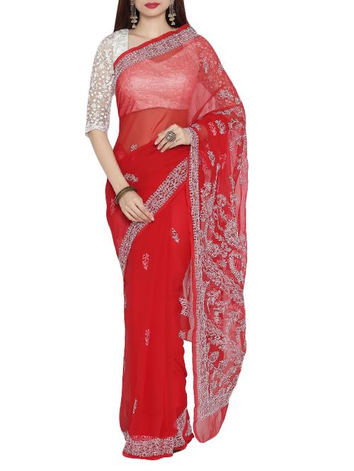 ada red chikankari saree - 14213722 - Very Small Image - 1