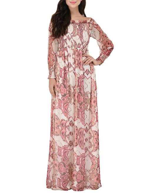 white printed off shoulder maxi dress - 14213946 - Very Small Image - 1