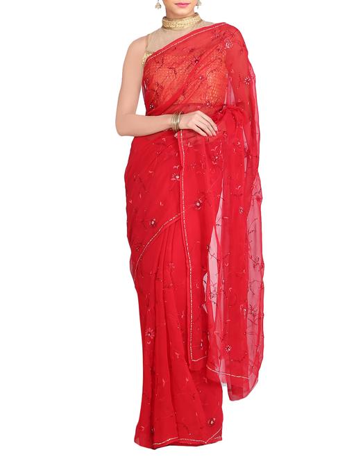 red chiffon embroidered saree - 14214524 - Very Small Image - 1