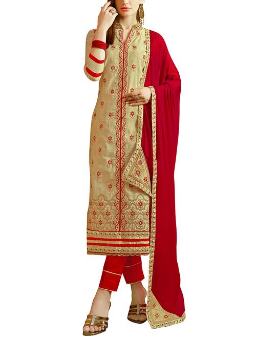beige cotton embroidered dress material (unstitched) - 14214803 - Very Small Image - 1