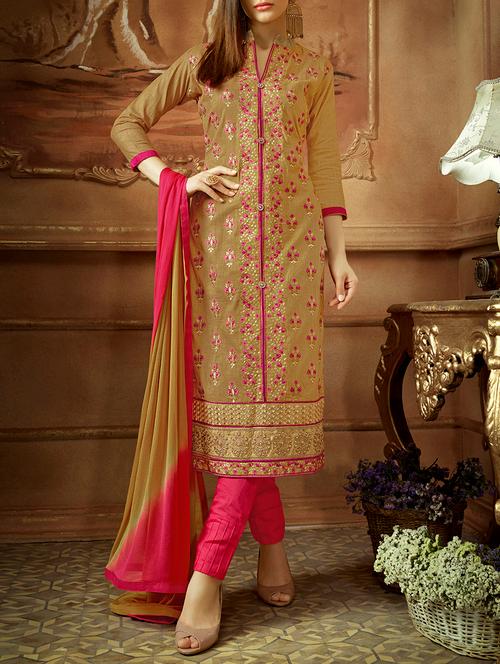 beige cotton embroidered dress material (unstitched) - 14214807 - Very Small Image - 1