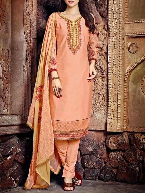 embroidered semi-stitched straight pant suit - 14215019 - Very Small Image - 1