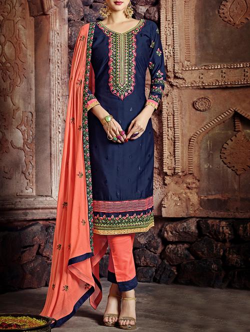 blue cotton blend embroidered dress material (unstitched) - 14215020 - Very Small Image - 1