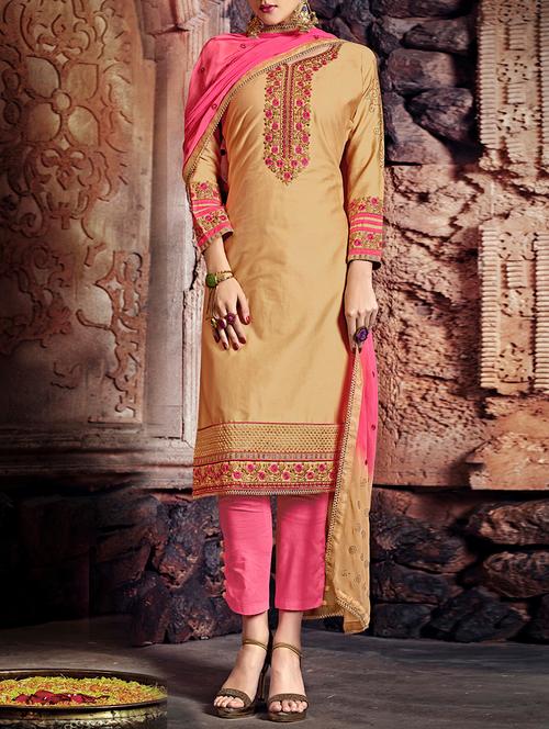beige cotton blend embroidered dress material (unstitched) - 14215023 - Very Small Image - 1
