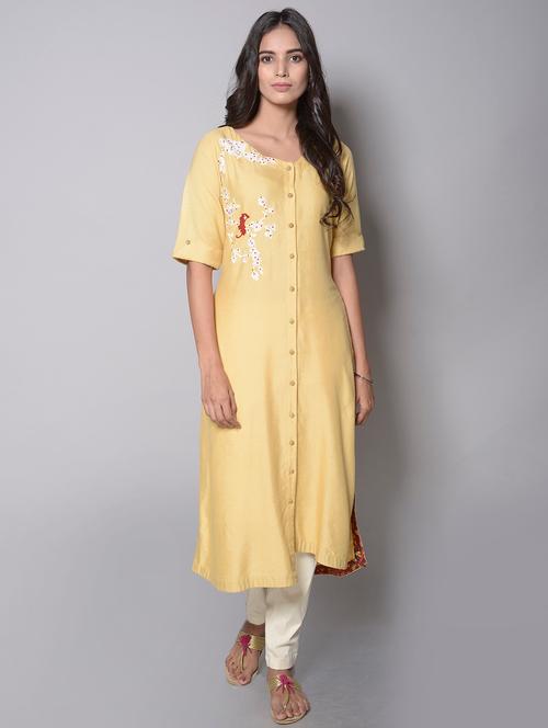 yellow linen parrot hand embroidered kurta - 14216295 - Very Small Image - 1