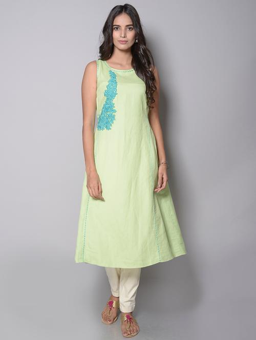 lime green kurta with hand embroidered boota - 14216296 - Very Small Image - 1