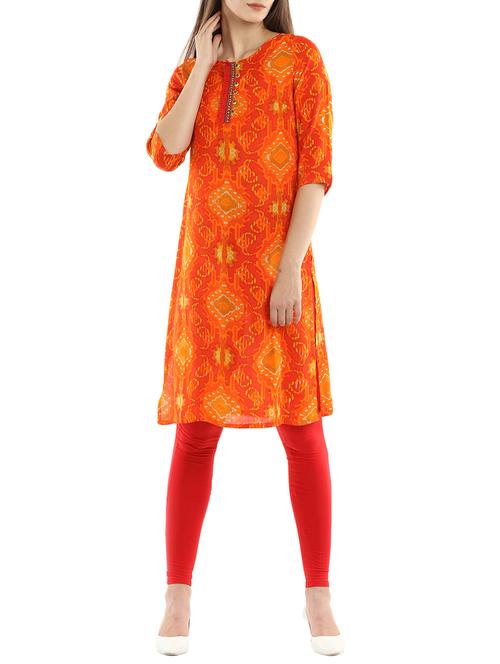 orange viscose straight kurta - 14216508 - Very Small Image - 1