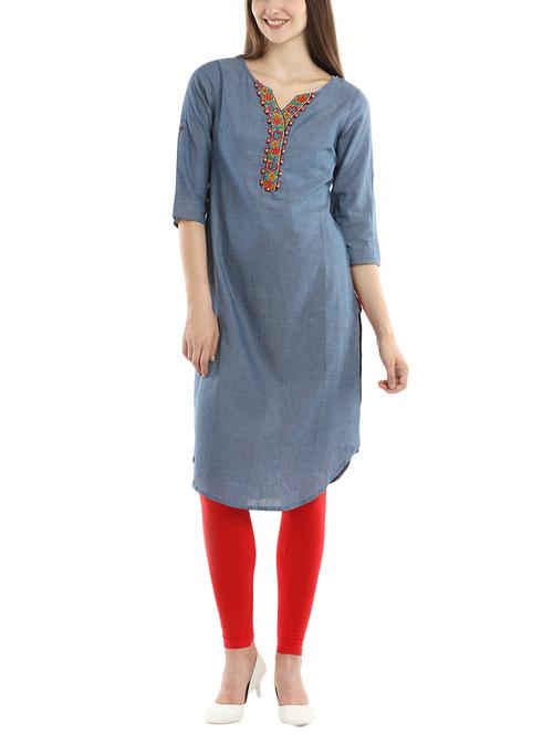 blue cotton straight kurta - 14216528 - Very Small Image - 1