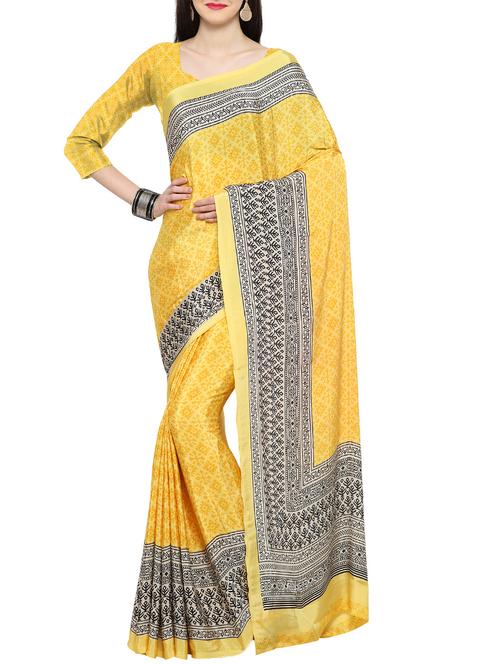 yellow crepe printed saree with blouse - 14217246 - Very Small Image - 1
