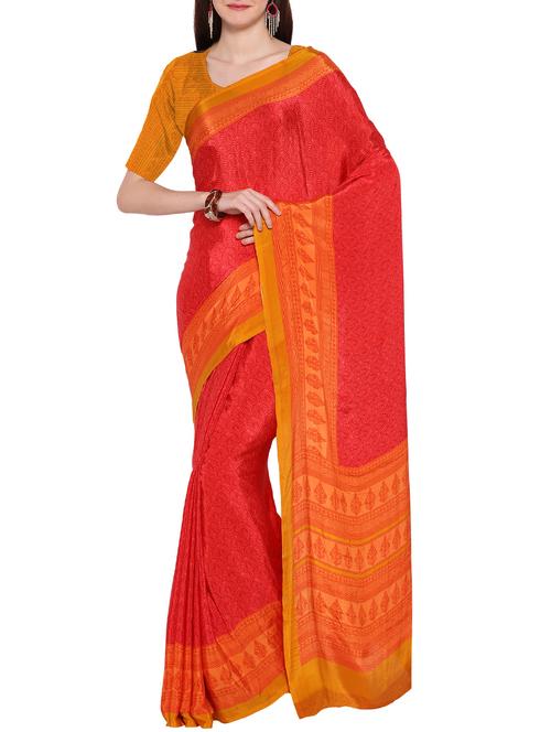 red crepe printed saree with blouse - 14217254 - Very Small Image - 1
