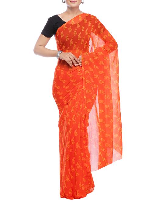 orange printed georgette saree with blouse - 14220504 - Very Small Image - 1