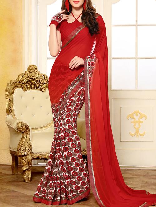 red georgette printed saree with blouse - 14221420 - Very Small Image - 1