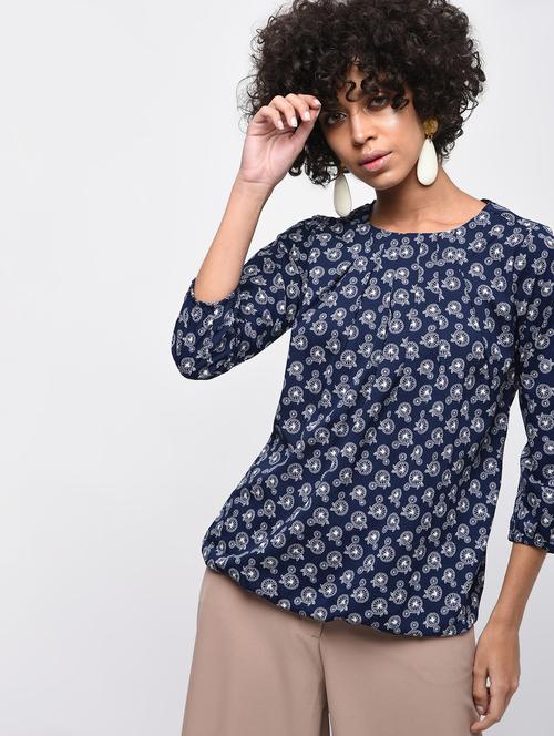 navy blue printed crepe regular top - 14222218 - Very Small Image - 1