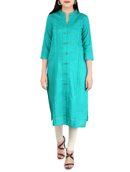 turquoise cotton straight solid kurta - 14222593 - Very Small Image - 1