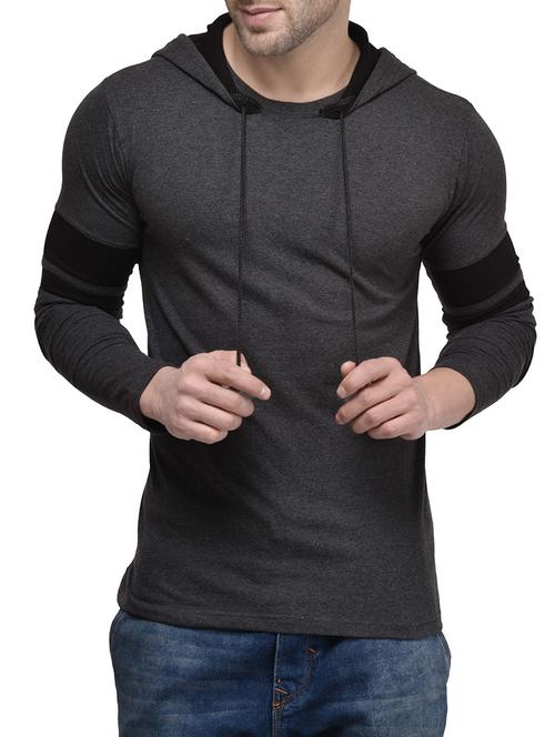grey solid hooded t-shirt - 14225119 - Very Small Image - 1
