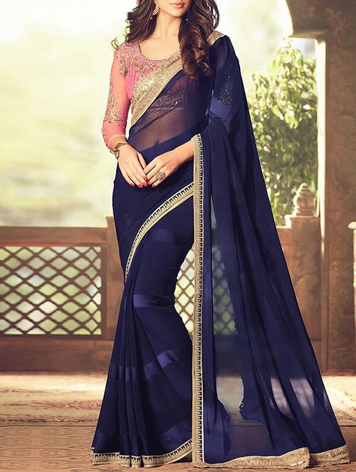 blue georgette woven saree with blouse - 14225374 - Very Small Image - 1