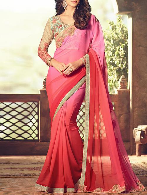 pink georgette ombre saree with blouse - 14225378 - Very Small Image - 1