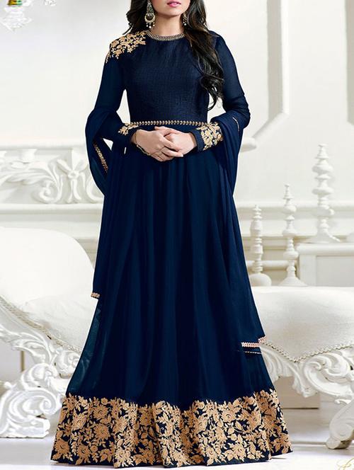 blue georgette semi-stitched flared suit - 14225399 - Very Small Image - 1