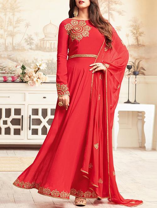 red chiffon semi-stitched flared suit - 14225400 - Very Small Image - 1