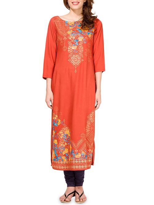 orange viscose straight kurta - 14226170 - Very Small Image - 1