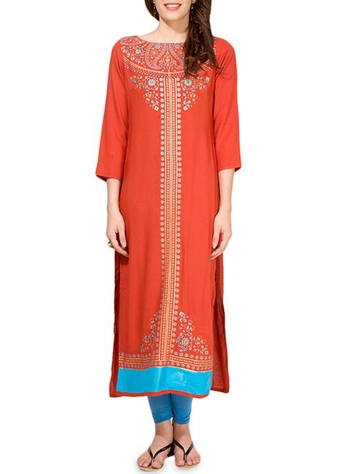 orange viscose straight kurta - 14226171 - Very Small Image - 1