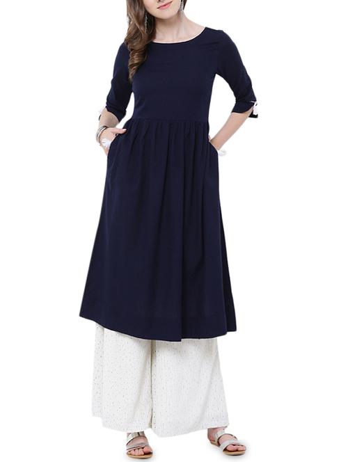 blue cotton blend flared kurta with pocket - 14226193 - Very Small Image - 1