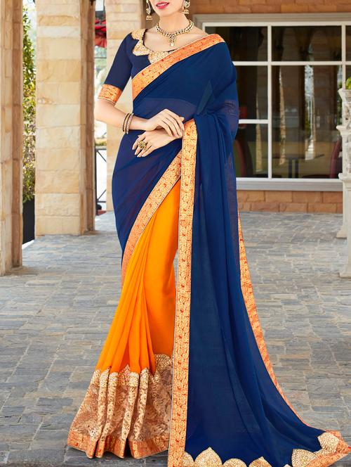 orange & blue half & half saree with blouse - 14227850 - Very Small Image - 1