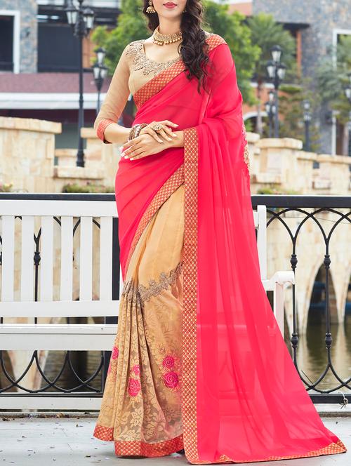 pink & beige half & half saree with blouse - 14227852 - Very Small Image - 1