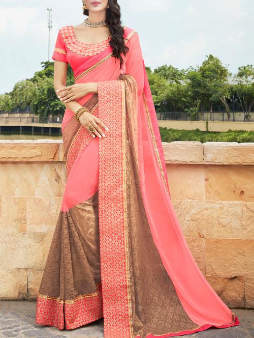 pink & brown embroidered saree with blouse - 14227854 - Very Small Image - 1