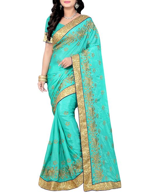 turquoise silk blend embroidered saree with blouse - 14228763 - Very Small Image - 1