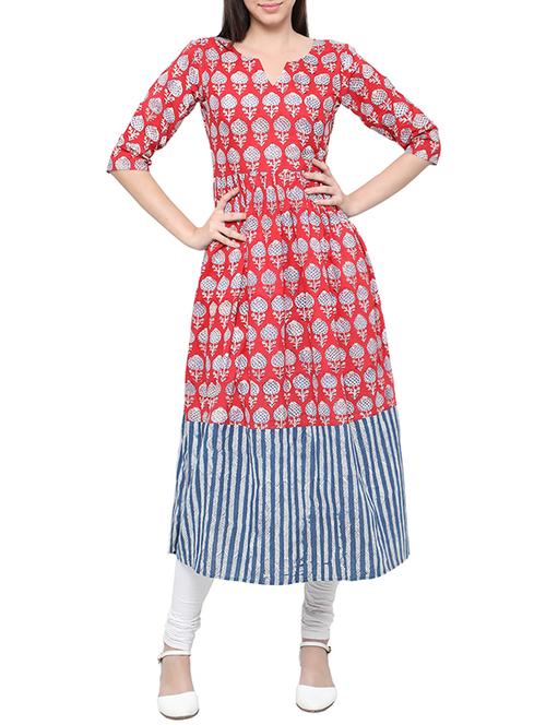 red cotton a-line kurta - 14229292 - Very Small Image - 1