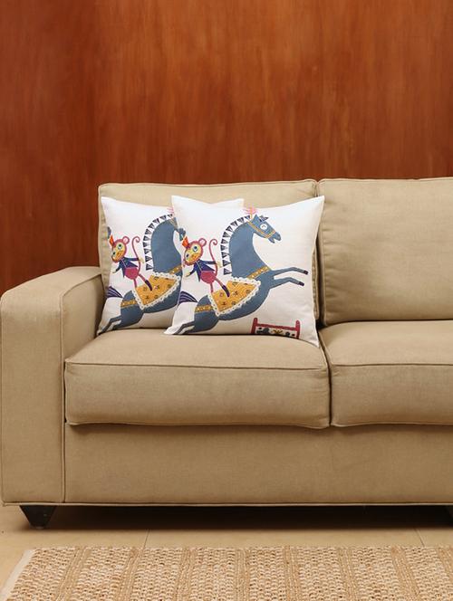 tabbak-tabbak horse race cotton set of-2 cushion covers - blue - 14231322 - Very Small Image - 1