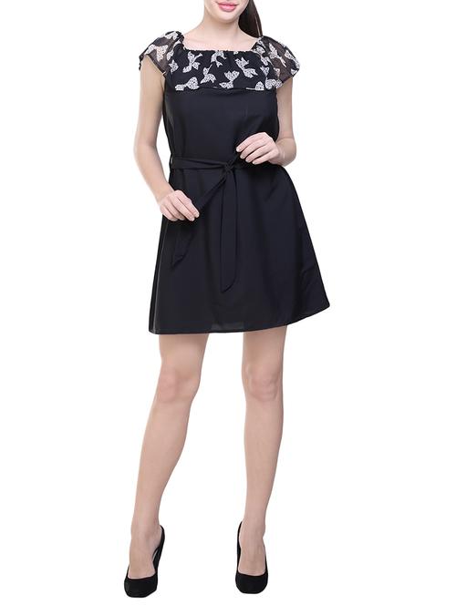 black printed poly crepe belted dress - 14231595 - Very Small Image - 1