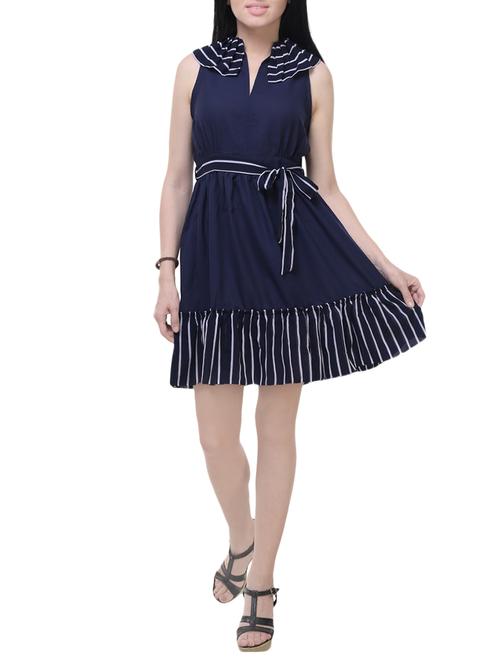 navy blue striped georgette belted dress - 14231597 - Very Small Image - 1