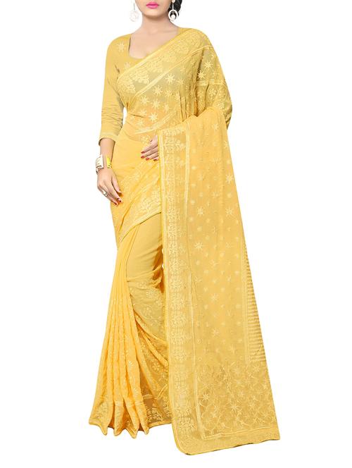 yellow georgette embroidered saree with blouse - 14232100 - Very Small Image - 1
