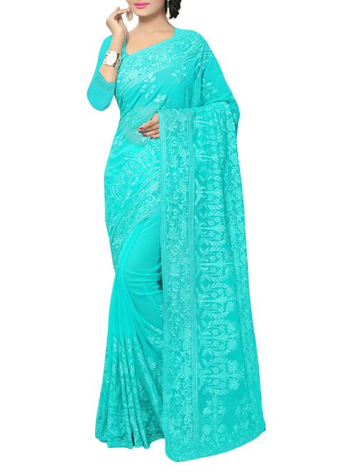 turquoise embroidered saree with blouse - 14232106 - Very Small Image - 1