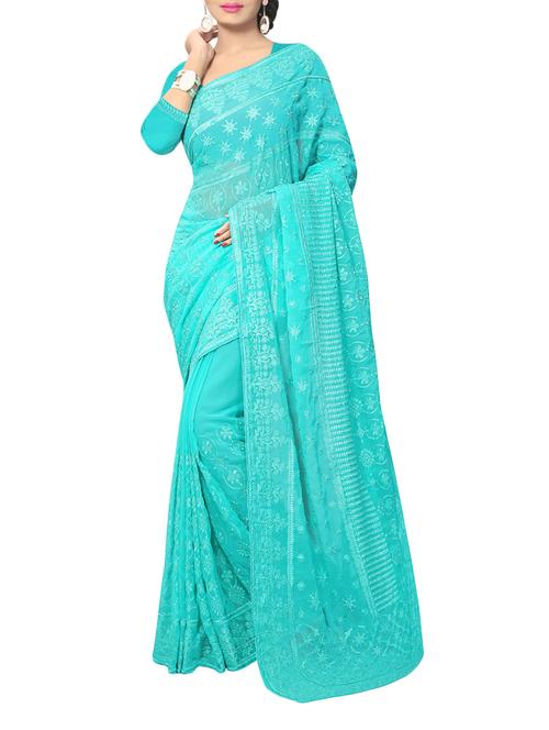 turquoise embroidered saree with blouse - 14232108 - Very Small Image - 1