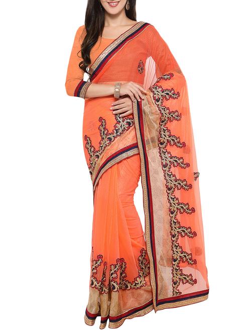 peach lycra embroidered saree with blouse - 14232312 - Very Small Image - 1