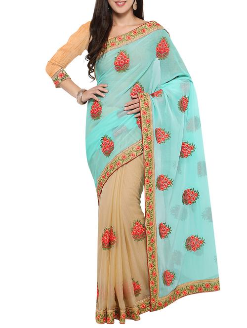 turquoise georgette embroidered half & half saree with blouse - 14232314 - Very Small Image - 1