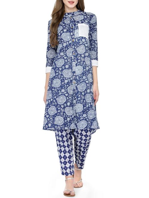 blue cotton printed kurta & pant set - 14232712 - Very Small Image - 1