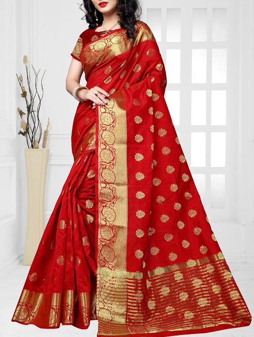 red cotton silk kanjivaram saree with blouse - 14232930 - Very Small Image - 1