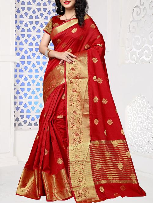 red cotton silk kanjivaram saree with blouse - 14232936 - Very Small Image - 1