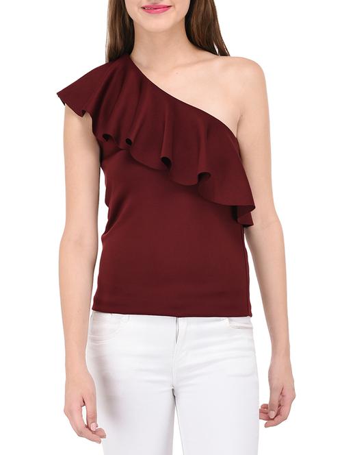 maroon ruffle single shoulder top - 14233326 - Very Small Image - 1