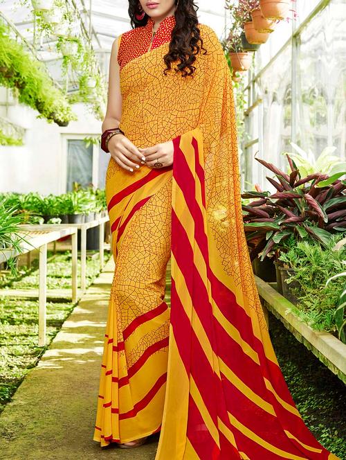 yellow georgette printed saree with blouse - 14233496 - Very Small Image - 1