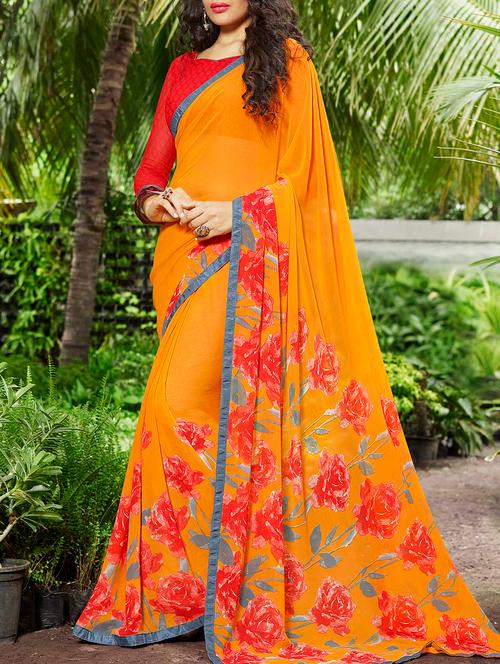 orange georgette printed saree - 14233530 - Very Small Image - 1