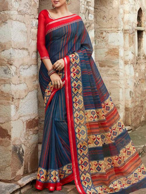 blue cotton silk printed saree - 14233536 - Very Small Image - 1
