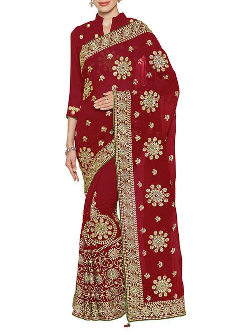 red embroidered georgette saree with blouse - 14234805 - Very Small Image - 1